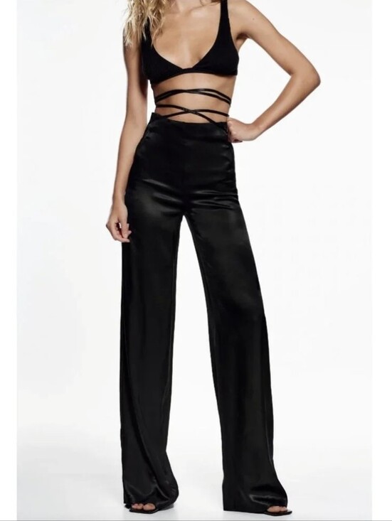 Zara Pants - Zara BLOGGER'S FAVE High Rise Black Satin Pants With Waist Drawstring Medium NWT